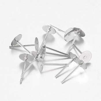 Platinum Plated Iron Flat Base Ear Stud Findings, about 6mm in diameter, 12mm long, 0.8mm thick