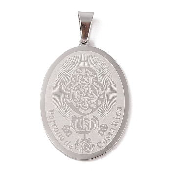 304 Stainless Steel Pendants, Oval with Virgin Mary Charm, Religion, Stainless Steel Color, 39x28x2mm, Hole: 7.5x4mm.