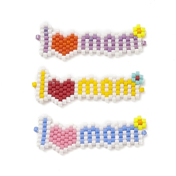 3Pcs 3 Color Handmade Loom Pattern MIYUKI Seed Beads, Heart with Word Mom Links Connector, for Mother's Day, Mixed Color, 14x40x2mm, Hole: 0.8mm, 1Pc/color