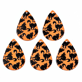 Spray Painted Iron Pendants, Rubberized Style, 3D Printed,  Cat Print Pattern, Teardrop, Coral, 27.5x18x0.5mm, Hole: 1.2mm