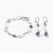 Natural Labradorite Bracelets & Earrings Jewelry Sets, with Natural Rice Pearl, Alloy Toggle Clasps and 304 Stainless Steel Findings, 7-1/2 inch(19cm), 60mm, Pin: 0.6mm(SJEW-JS00992-03)