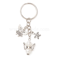 ABS Plastic Imitation Pearl & Alloy Angel Keychain, with Tibetan Style Alloy Charm and Iron Split Key Rings, Antique Silver, 7.8cm(KEYC-JKC00518)