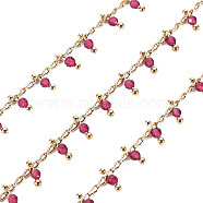 Handmade Brass Curb Chains, with Glass Beads, Soldered, Spool, Real 18K Gold Plated, Medium Violet Red, 2.7x1.5x0.3mm, about 16.4 Feet(5m)/roll(CHC-S012-025A)