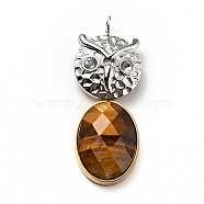 Faceted Natural Tiger Eye Pendants, with Ion Plating(IP) 304 Stainless Steel Findings, Owl & Oval Charms, Golden & Stainless Steel Color, 39x15x6mm, Hole: 3.5mm(G-D473-02GP-02)