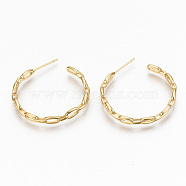 Brass Half Hoop Earrings, Stud Earring, Nickel Free, Cable Chain Shape, Real 18K Gold Plated, 30x30x3mm, Pin: 0.7mm(KK-R117-055G-NF)
