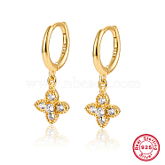 925 Sterling Silver Micro Pave Cubic Zirconia Dangle Hoop Earrings, Clover, Real 18K Gold Plated, 21x8mm(BG2685-1)