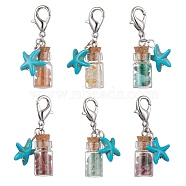 Gemstone Chips in Glass Bottle Pendant Decorations, Starfish Synthetic Turquoise and Zinc Alloy Lobster Claw Clasps Charms, 40.5mm, 6pcs/set(HJEW-JM01494)