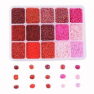 12/0 Glass Seed Beads, Transparent & Frosted Colors & Baking Paint & Opaque Colors Lustered & Opaque Colours &  Trans. Colours Lustered & Silver Lined & Transparent Colours Rainbow & Ceylon, Round, Red, 12/0, 2mm, Hole: 1mm, 15color, 20g/color, 300g/box(SEED-JP0009-04-2mm)