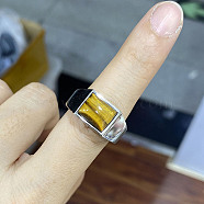 Rectangle Natural Tiger Eye Finger Ring, Stainless Steel Jewelry, Stainless Steel Color, Inner Diameter: 17.4mm(FIND-PW0021-07A-02)
