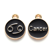 Alloy Enamel Pendants, Cadmium Free & Lead Free, Flat Round with Constellation, Light Gold, Black, Cancer, 22x18x2mm, Hole: 1.5mm(X-ENAM-S124-01A-08D)