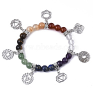 Chakra Jewelry, Round Natural & Synthetic Mixed Gemstone Charm Bracelets, Stretch Beaded Bracelets, with Platinum Plated Alloy Pendants, Inner Diameter: 5.8cm(2-1/4 inch), Bead: 8~9mm(G-N0326-031)