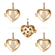 Brass Micro Pave Clear Cubic Zirconia Diffuser Locket Pendants, Long-Lasting Plated, Lead Free & Cadmium Free, Heart with Hamsa Hand, Religion, Real 18K Gold Plated, 19x23x8mm, Hole: 5.5x3mm, 5pcs/box(ZIRC-SZ0003-57)