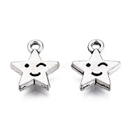 Tibetan Style Alloy Charms, Cadmium Free & Lead Free, Star with Smiling Face, Antique Silver, 14.5x12x2.5mm, Hole: 1.8mm, about 990pcs/1000g(TIBEP-T010-16AS)