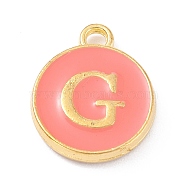 Golden Plated Alloy Enamel Charms, Enamelled Sequins, Flat Round with Alphabet, Letter.G, Hot Pink, 14x12x2mm, Hole: 1.5mm(X-ENAM-Q437-11G)