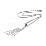 304 Stainless Steel Trapezoid with Tassel Pendant Necklace with Box Chains for Women, Stainless Steel Color, 23.66 inch(60.1cm)(NJEW-B087-06P)