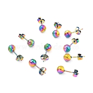Ion Plating(IP) 304 Stainless Steel Stud Earring Findings, with Ear Nuts, Textured Round, Rainbow Color, 17x6mm, Pin: 0.7mm(STAS-I183-09A-M)