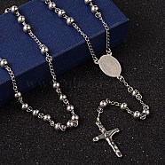 Crucifix Cross Stainless Steel Rosary Bead Necklaces, 304 Stainless Steel Chain with 201 Stainless Steel Findings, For Easter, Stainless Steel Color, 27.6 inch(70cm)(NJEW-O096-27)