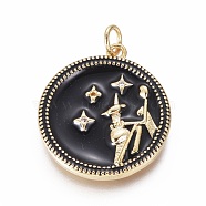 Brass Micro Pave Cubic Zirconia Pendants, with Enamel and Jump Ring, Flat Round with Constellations, Golden, Leo, 23x21x2.5mm, Hole: 3mm(ZIRC-L083-013B-03G)