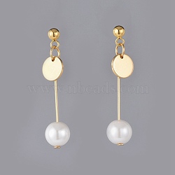 Glass Pearl Beads Dangle Stud Earrings, with 304 Stainless Steel & Brass Findings, Ear Nuts, Golden, 36mm, Pin: 0.8mm(EJEW-JE03579)