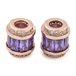 Rack Plating Brass Micro Pave Cubic Zirconia European Beads, Long-Lasting Plated, Lead Free & Cadmium Free, Column, Rose Gold, Lilac, 11.5x10mm, Hole: 4.5mm(KK-F089-31RG-04)