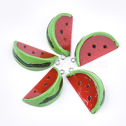 Resin Pendants, with Platinum Tone Iron Findings, Imitation Food, Watermelon, Red, 38~39x19~19.5x13~14mm, Hole: 2mm(RESI-T028-55A)