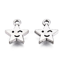 Tibetan Style Alloy Charms, Cadmium Free & Lead Free, Star with Smiling Face, Antique Silver, 14.5x12x2.5mm, Hole: 1.8mm, about 990pcs/1000g(TIBEP-T010-16AS)