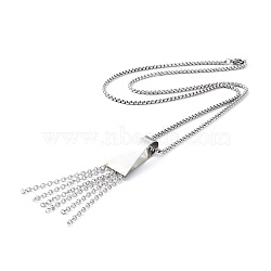 304 Stainless Steel Trapezoid with Tassel Pendant Necklace with Box Chains for Women, Stainless Steel Color, 23.66 inch(60.1cm)(NJEW-B087-06P)