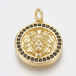 Brass Micro Pave Cubic Zirconia Pendants, with Jump Rings, Flat Round with Lion, Black, Golden, 17x15x5.5mm, Hole: 3mm(ZIRC-Q018-027G)