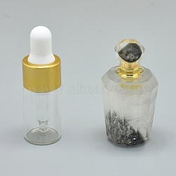 Faceted Natural Green Lodolite Quartz Openable Perfume Bottle Pendants, with Brass Findings and Glass Essential Oil Bottles, 40~48x21~25mm, Hole: 1.2mm, Glass Bottle Capacity: 3ml(0.101 fl. oz), Gemstone Capacity: 1ml(0.03 fl. oz)(G-E556-05F)