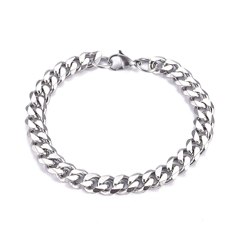 Men's 667 Stainless Steel Cuban Link Chain Bracelets, with 304 Stainless Steel Lobster Claw Clasps, Stainless Steel Color, 8-7/8 inch(22.5cm)