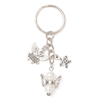 ABS Plastic Imitation Pearl & Alloy Angel Keychain, with Tibetan Style Alloy Charm and Iron Split Key Rings, Antique Silver, 7.8cm