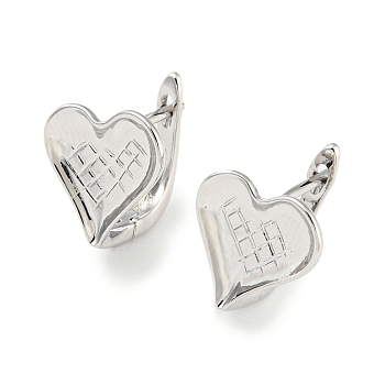 Brass Heart Hoop Earrings Women, Real Platinum Plated, 13x11.5mm