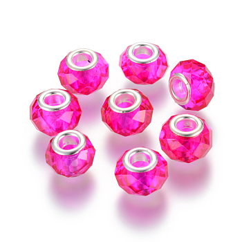 Handmade Glass European Beads, Large Hole Beads, Silver Color Brass Core, Magenta, 14x8mm, Hole: 5mm