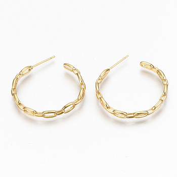 Brass Half Hoop Earrings, Stud Earring, Nickel Free, Cable Chain Shape, Real 18K Gold Plated, 30x30x3mm, Pin: 0.7mm