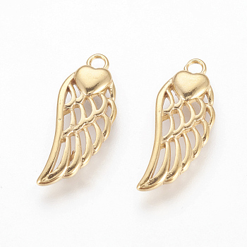 304 Stainless Steel Pendants, Wings with Heart, Golden, 20x8x2.5mm, Hole: 1.6mm