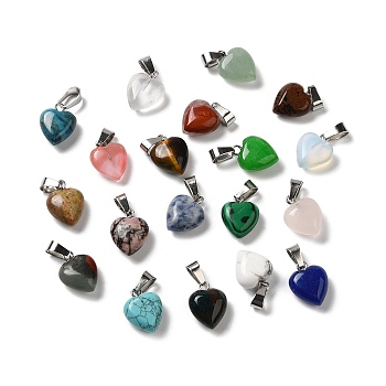 Natural & Synthetic Mixed Gemstone Pendants, Heart Charms with Platinum Tone Iron Snap on Bails, Mixed Dyed and Undyed, 15.5~16x12~12.5x6~6.5mm, Hole: 6.8~7.3X3.3~4mm