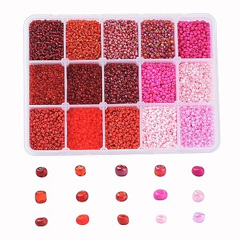 12/0 Glass Seed Beads, Transparent & Frosted Colors & Baking Paint & Opaque Colors Lustered & Opaque Colours &  Trans. Colours Lustered & Silver Lined & Transparent Colours Rainbow & Ceylon, Round, Red, 12/0, 2mm, Hole: 1mm, 15color, 20g/color, 300g/box
