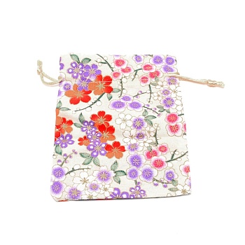 Cotton and Linen Cloth Packing Pouches, Drawstring Bag, Rectangle with Sakura Pattern, Old Lace, 14x10x0.3cm