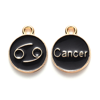 Alloy Enamel Pendants, Cadmium Free & Lead Free, Flat Round with Constellation, Light Gold, Black, Cancer, 22x18x2mm, Hole: 1.5mm