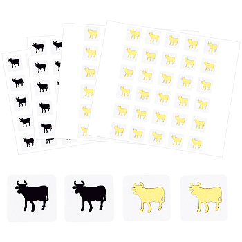 Olycraft 80 Sheets 2 Color Cartoon Animal Meal Stickers, Adhesive Square Paper Labels, Gold & Black, Cow Pattern, 6.6~7.8x8.1~9x0.02cm, 30pcs/sheet, 40sheets/color