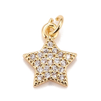 Brass Micro Pave Cubic Zirconia Charms, Real 18K Gold Plated, Lead Free & Cadmium Free, Star, Clear, 12x10x2mm, Hole: 2mm