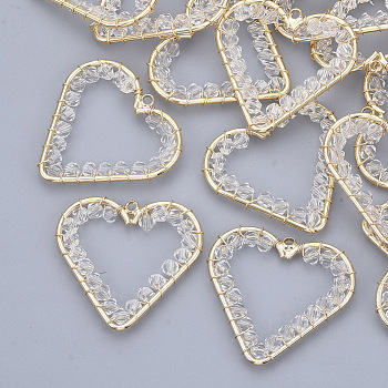 Glass Pendants, Wire Wrapped Pendants, with Real 18K Gold Plated Brass Wires and Open Back Bezel Pendants, Wire Wrapped Pendants, Nickel Free, Heart, Clear, 28x30x3mm, Hole: 1.8mm