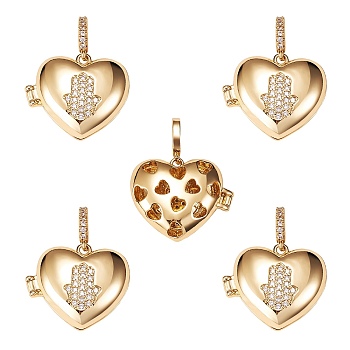 Brass Micro Pave Clear Cubic Zirconia Diffuser Locket Pendants, Long-Lasting Plated, Lead Free & Cadmium Free, Heart with Hamsa Hand, Religion, Real 18K Gold Plated, 19x23x8mm, Hole: 5.5x3mm, 5pcs/box