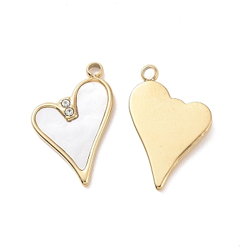 Natural White Shell Pendants, with Ion Plating(IP) 304 Stainless Steel Pave Clear Cubic Zirconia Findings, Heart Charm, Real 18K Gold Plated, 17.5x10.5x2mm, Hole: 1.4mm