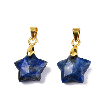 Natural Lapis Lazuli Charms, with Golden Plated Brass Findings, Faceted Star, Star: 12x12.5x5.5mm, Hole: 3.5x4mm