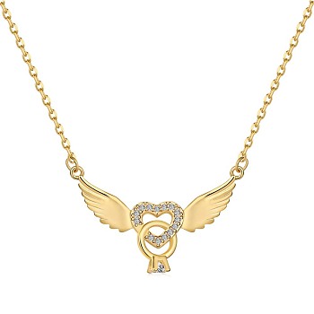 925 Sterling Silver Pendant Necklaces, Micro Pave Cubic Zirconia, Heart with Wing, Real 18K Gold Plated, 15.87 inch(40.3cm)