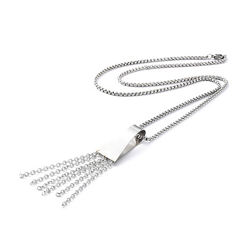 304 Stainless Steel Trapezoid with Tassel Pendant Necklace with Box Chains for Women, Stainless Steel Color, 23.66 inch(60.1cm)