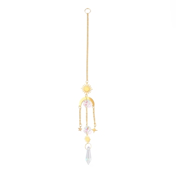 Hanging Crystal Aurora Wind Chimes, with Prismatic Pendant and Moon & Sun Iron Link, for Home Window Chandelier Decoration, Golden, 330x2.5mm