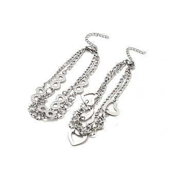 304 Stainless Steel Curb Chains Double Layer Multi-strand Bracelet with Links for Women, Mixed Patterns, Pendant: 13~20x8.5~15x0.7mm, 7-1/8~7-3/8 inch(18.2~18.8cm)