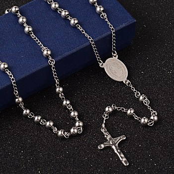 Crucifix Cross Stainless Steel Rosary Bead Necklaces, 304 Stainless Steel Chain with 201 Stainless Steel Findings, For Easter, Stainless Steel Color, 27.6 inch(70cm)
